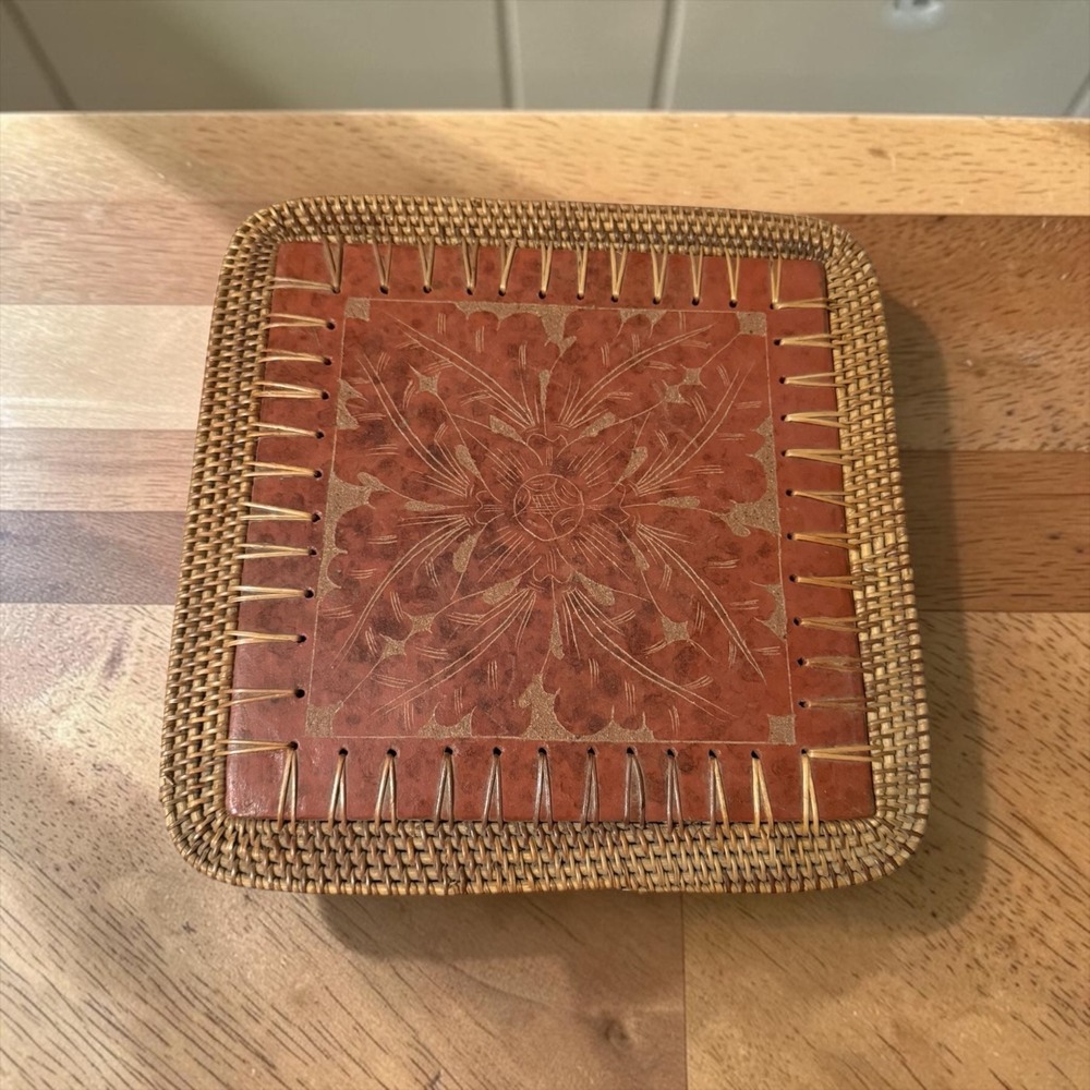 Vtg Rattan and Etched Floral Leather Square Trivet Decorative Tray 10in